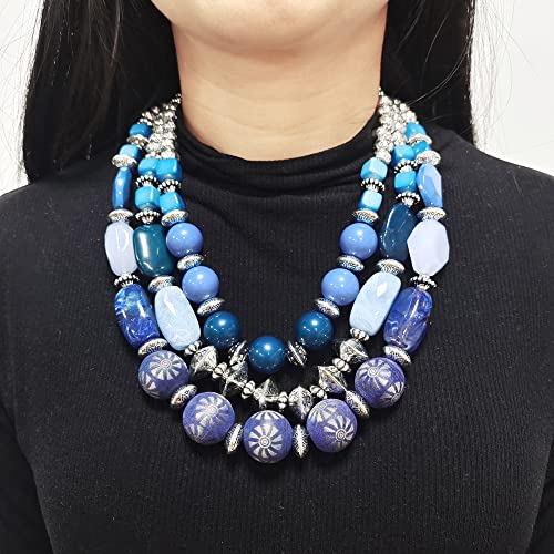 Bocar 3 Layer Chunky Statement Beaded Necklace and Earrings Set, Fashion Multi Layer Women Collar Necklace Jewelry Set - color: True Navy