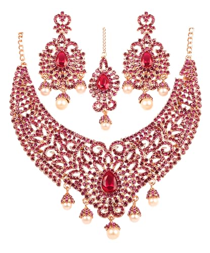 Touchstone Indian jewelry sets for women tikka wedding necklace costume guest statement bollywood rhinestones crystal faux pearls gold big royal neck piece set bridal fashion accessories - color: 1 Pink