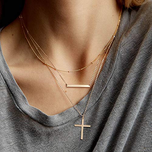 Fiusem Gold Plated Layered Necklaces for Women, Dainty 14K Gold Plated Pendant Necklace and Choker Necklaces for Women - style: B-Layered Cross
