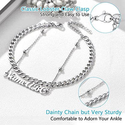 PROSTEEL Trendy Handcuffs Design/Customize Words Ankle Bracelet For Women, 316L Stainless Steel Anklets Silver/Gold/Black Tone, Hypoallergenic, Come with Box - style: 07 Customize-Cuban Link(8.5"-10.5")-Elegant Silver
