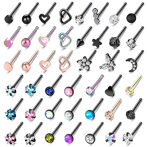 36-44 Pcs 18G 20G Nose Rings Studs Nose Rings for Women Nose Piercings Jewelry Surgical Stainless Steel Nose Studs Moon Star Heart Butterfly Hypoallergenic Body Piercing Jewelry for Women Men - color: 20G Black A-Straight- 44 Pcs