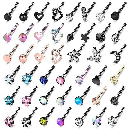 36-44 Pcs 18G 20G Nose Rings Studs Nose Rings for Women Nose Piercings Jewelry Surgical Stainless Steel Nose Studs Moon Star Heart Butterfly Hypoallergenic Body Piercing Jewelry for Women Men - color: 20G Black A-Straight- 44 Pcs