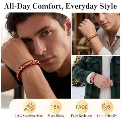 Braided Leather Bracelets for Men 18K Gold Plated Cuff Adjustable | Stainless Steel Franco Chain Link, Mens Bracelet Leather, Handwoven Jewelry Gift for Husband Dad Son