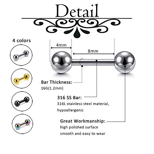 Zysta 4 Pairs Stainless Steel 14/16G Mixed Colors Body Piercing Barbells 6-16mm Post Studs Earring NippleTongue Helix Tragus Cartilage Labret Medusa Lip Eyebrow Straight Bar Ball Screw … - color: 4mm Ball,8mm Post