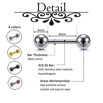 Zysta 4 Pairs Stainless Steel 14/16G Mixed Colors Body Piercing Barbells 6-16mm Post Studs Earring NippleTongue Helix Tragus Cartilage Labret Medusa Lip Eyebrow Straight Bar Ball Screw … - color: 4mm Ball,8mm Post