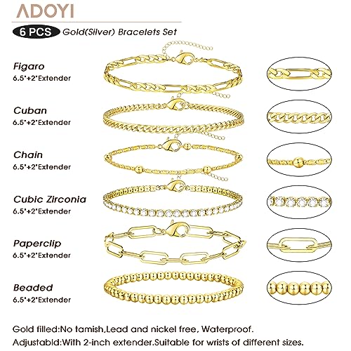 Gold Bracelets for Women, 14K Gold Plated Stackable Bracelet Stack Set Adjustable Charm Paperclip Chain Cuban Link Layered Waterproof Jewelry Sets Gifts for Womens 6.5 Inch - color: Gold 6.5 IN General Wrist