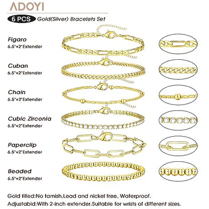 Gold Bracelets for Women, 14K Gold Plated Stackable Bracelet Stack Set Adjustable Charm Paperclip Chain Cuban Link Layered Waterproof Jewelry Sets Gifts for Womens 6.5 Inch - color: Gold 6.5 IN General Wrist