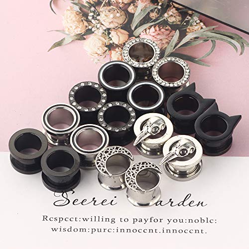 TIANCI FBYJS 8 Pairs Surigcal Stainless Steel Ear Gauges Black Plug Tunnels for Men Women Screw Hollow Earrings Gauges For Ear 00g 2g 0g -5/8'' inch Piercings Stretcher Set - style: 8mm=0g