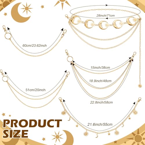 Jadive 5 Pieces Belt Chain Jeans Pants Pocket Waist Multi-Layer Hip Hop Metal Wallet Chain for Men Women - style: Moon,Gold
