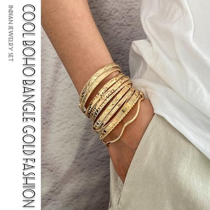 17IF Gold Bangle Bracelet For Women, 14k Multilayer Charm Textured Stackable Bracelets Boho Indian Chunky Cuff Fashion Jewelry Gift - style: 11 Pcs