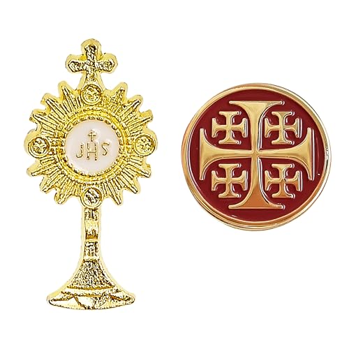 Catholic Enamel Pin Set, 2 Pack, Jerusalem Cross & Eucharistic Monstrance IHS, Gold, Religious Lapel Pins, Faith Gifts for Men & Women