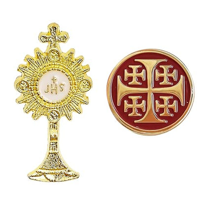 Catholic Enamel Pin Set, 2 Pack, Jerusalem Cross & Eucharistic Monstrance IHS, Gold, Religious Lapel Pins, Faith Gifts for Men & Women