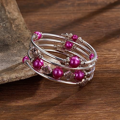 Beaded Pearl Bangle Wrap Bracelet - Fashion Bohemian Jewelry Multilayer Charm Bracelet with Thick Silver Metal Beads, Gift For Women - color: Fuchsia