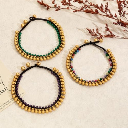 Jingling Round Stone Brass Anklet Bracelet Handmade Boho Ankle Bracelets for Women Minimalist Jewelry - color: green