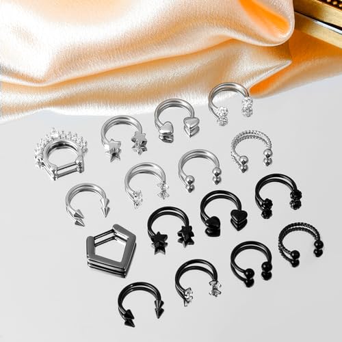ONESING 20-30 Pcs Septum Rings 16G Septum Jewelry - Surgical Steel Piercings Horseshoe Helix Daith Smiley Tragus Lip Rings Nose Hoop Hinged Seamless Piercing Jewelry for Women Men - color: Silver,Black-16G-10mm