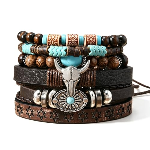 Black Multi Layer Western Leather Bracelet for Men Vintage Cowboy Braided Rope Wristband Adjustable Stainless Steel Clasp Daily Fashion Jewelry - color: B-Brown