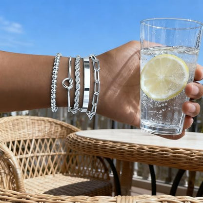Gold Bracelets for Women, 5 Pcs Non-Tarnish Gold Plated Stackable Bangles with Beaded, Knot, Twisted, Cuff & Chain Designs, Everyday Jewelry Gifts - color: Silver-5pcs