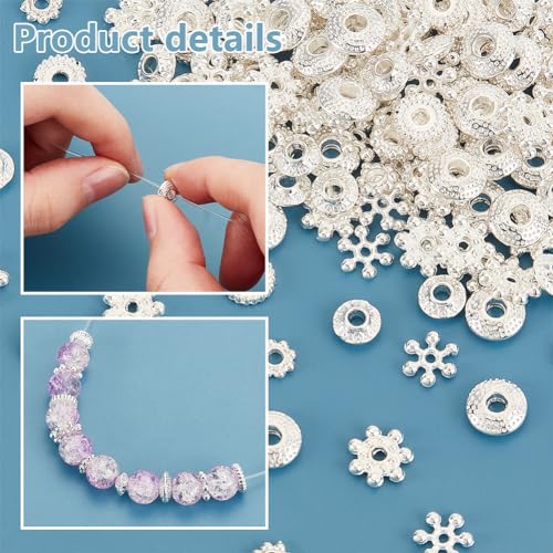 PH PandaHall 300PCS 6 Styles Metal Spacer Bead, Silver Alloy Daisy Beads Bicone Flower Beads Flat Rondelle Snowflake Loose Beads Charms for Bracelet Necklace Earring Jewelry Making Supplies - color: Silver