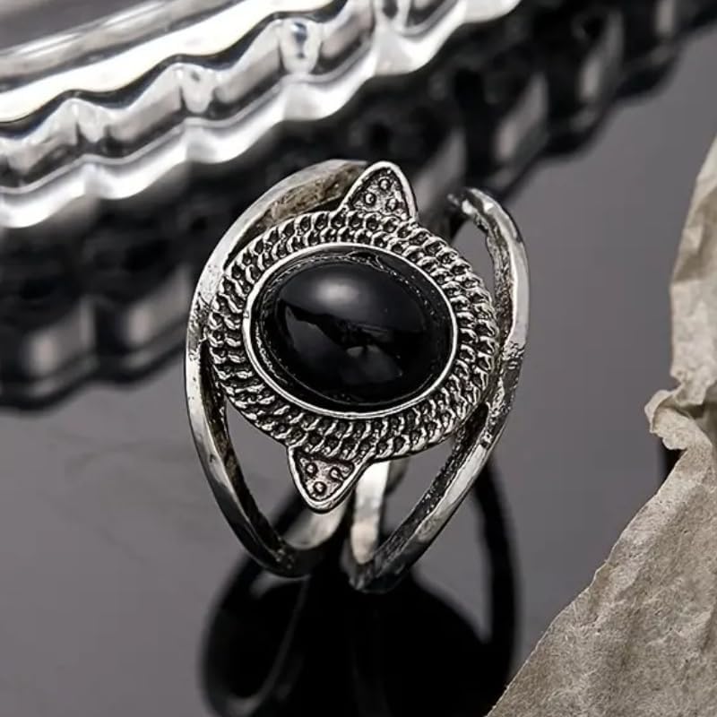 Retro Bohemian Statement Ring Oval Synthetic Moonstone Gemstone Rings for Women Man Daily Holiday Fashion Jewelry - color: black, size: 10