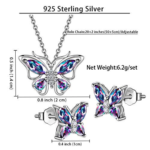 925 Sterling Silver Birthstone Butterfly Jewelry Women Crystal Animal Cute Butterflies Birthday Necklace/Earring/Ring/Bracelet Sets Birth Stone Statement Anniversary Jewellery - color: 1-M.Mysitc-Rainbow-Topaz