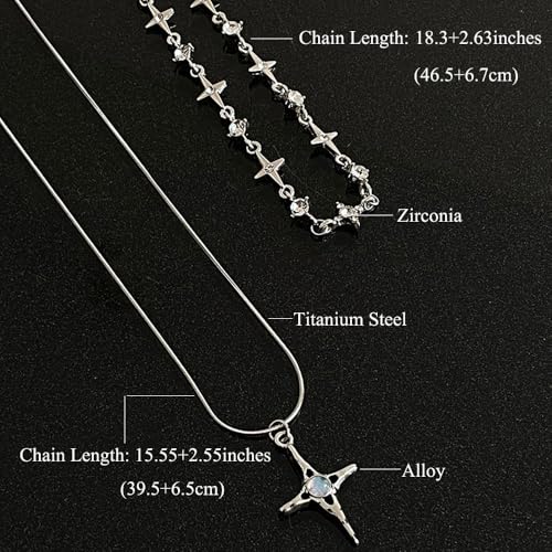 Gothic Cross Star Necklace For Men Women Silver Stainless Steel Cuban Link Paperclip Figaro Bead Chain Punk Kpop Y2k Goth Irregular Layered Cross Pendant Necklace Non Tarnish Jewelry Gift - color: Silver N