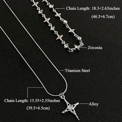 Gothic Cross Star Necklace For Men Women Silver Stainless Steel Cuban Link Paperclip Figaro Bead Chain Punk Kpop Y2k Goth Irregular Layered Cross Pendant Necklace Non Tarnish Jewelry Gift - color: Silver N
