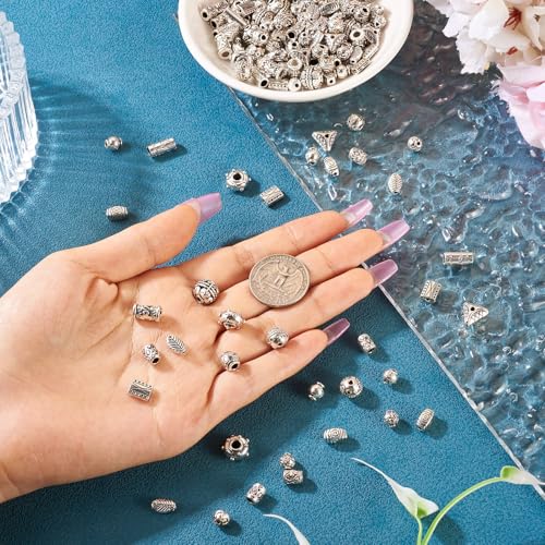 Craftdady 150pcs Antique Silver Tibetan Style Alloy Beads Rectangle Round Column Flat Round Column Leaf Oval Metal Spacer Beads Retro Craft Loose Bead 5.5-12 mm for DIY Bracelet Jewelry Making - color: Antique Silver 15 Style