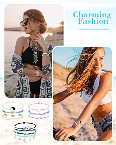 Hicarer 21 PC Surfer Wave Friendship Bracelet Set Waterproof Adjustable Boho Beach String Anklets Bulk, Summer Gift for Women - style: Assorted Style