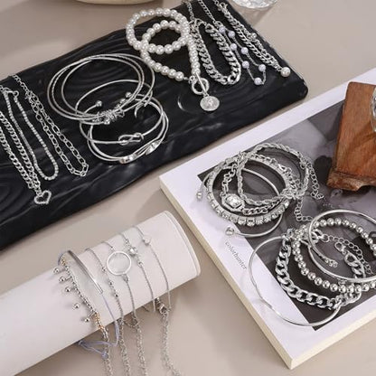 IFKM 6 PACK (24 PCS) Boho Gold Chain Bracelets Set for Women, 14K Gold Plated Multiple Layered Stackable Open Cuff Wrap Bangle Adjustable Link Italian Cuban Jewelry for Women Gift - style: 27PCS SILVER Thin Chain