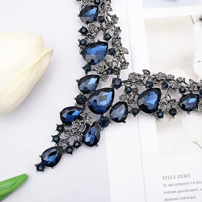 CSY Elegant Crystal Costume Jewelry Sets Flower Bridal Necklace Earrings Stretch Bangle Set for Bride Bridesmaid Wedding Dress Accessories - color: navy blue crystal