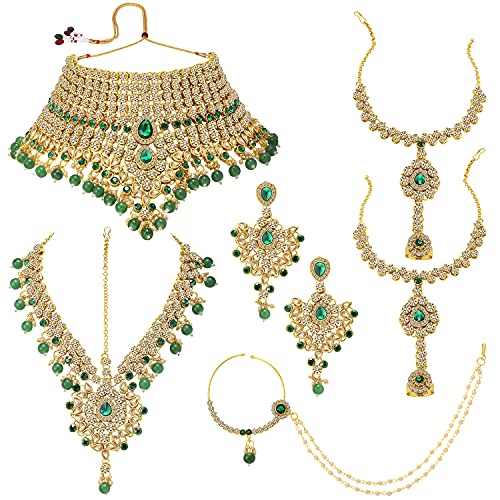 Aheli Bollywood Style Indian Bridal Choker Necklace Matha Patti Nose Ring Haath Phool Wedding Fashion Bharatanatyam jewellery set for Women - color: Champagne-Green