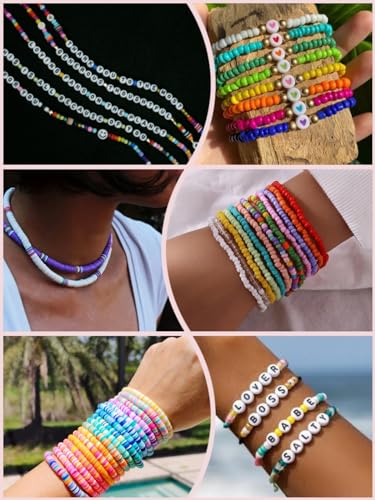 16300 4mm Glass Seed Beads for Bracelet Making Kit with Letter Beads | Friendship Bracelet, Clay Heishi Disc Beads Charms Elastic String for Concert Jewelry Making DIY Creative Gift - color: 16300