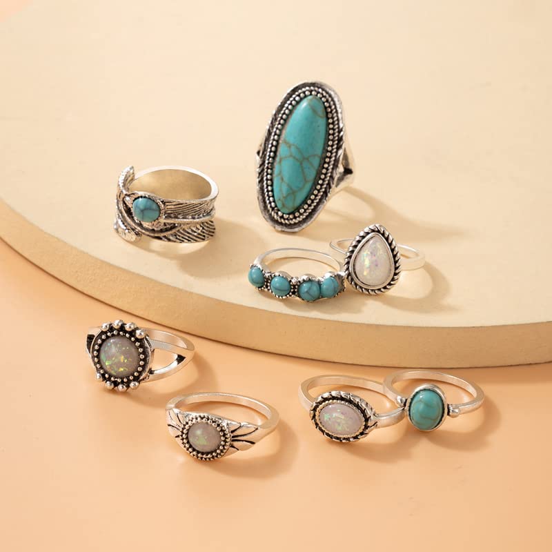 Airvess Vintage Knuckle Rings Set, Chunky Turquoise Stackable Rings, Silver Joint Finger Stacking Rings, Bohemian Western Jewelry for Women - style: 8 Pcs