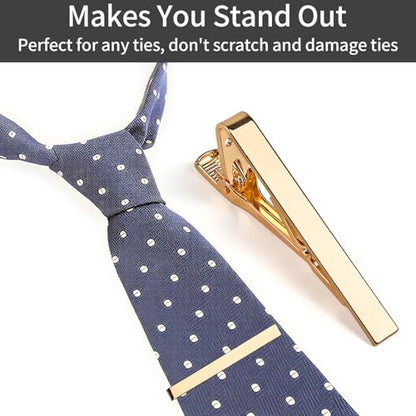 MOWPOG 6 Pcs Tie Clips for Men, Tie Bar Pins Tacks with Gift Box | Copper, Shiny & Glossy, for Father, Husband, Boyfriend, Business, Wedding, Suit Accessories, Easy to Open, Won't Fade/Scratch - color: Gold