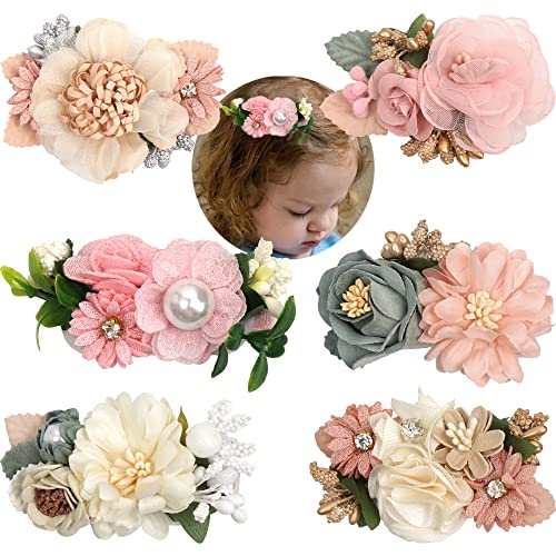 6 PCS Handmade Flower Hair Bows Fully Lined Alligator Hair Clips Faux Pearls Floral Hair Clips Barrettes Hair Accessories for Women Girls Toddlers Kids Children | Pink White Color Hair Clips Barrettes Hair Accessories for Women Girls Toddlers Kids Childre
