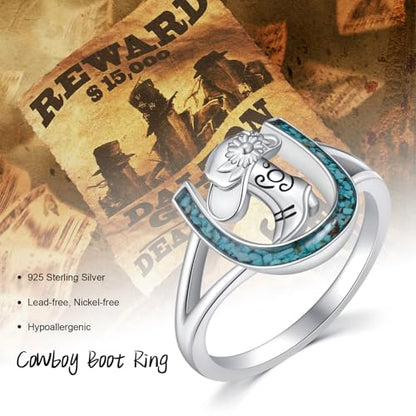 Horseshoe Ring 925 Sterling Silver Turquoise Cowboy Boot Ring Western Jewelry Cowgirl Gifts for Women Girlfriend Cowgirl