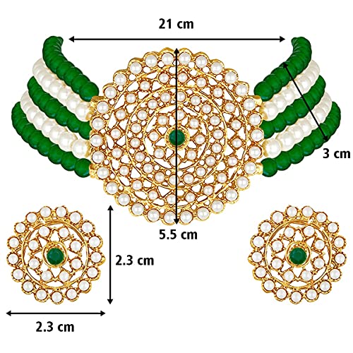 Aheli Pearl Diamond Choker Necklace & Round Earrings Gift for Women Indian Traditional Bollywood Fashion Bharatanatyam jewellery set - color: Green & White