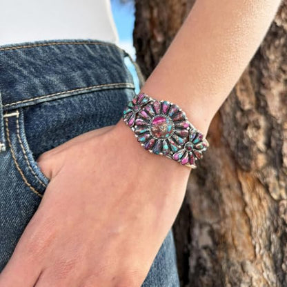 Southwest Style Genuine Gemstones 925 Sterling Silver Cluster Bracelet - color: Rainbow Spiny Turquoise