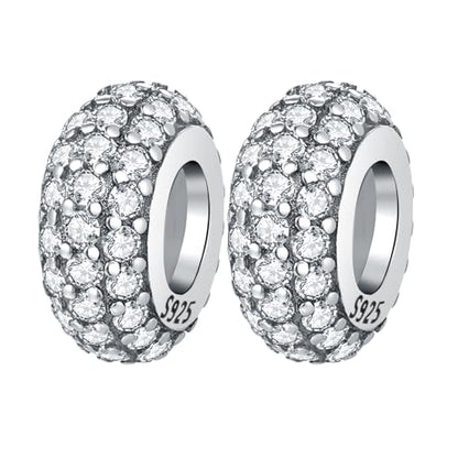 Spacer Stopper Beads for Bracelets & Necklaces, 925 Sterling Silver Beads | Smooth & Pave Cubic Zirconia (White, Blue, 18K Gold Plated) | Anti-Slide Separator Charms S925 Women Jewelry - color: 2Pcs Silver CZ Spacer