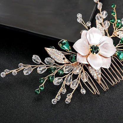 Flower Leaf Design Wedding Hair Comb, Metal Bridal Hair Accessory with Rhinestone, Wedding Prom Hair Clip Headpiece for Women (Gold Green Flower) - color: Gold Green Flower