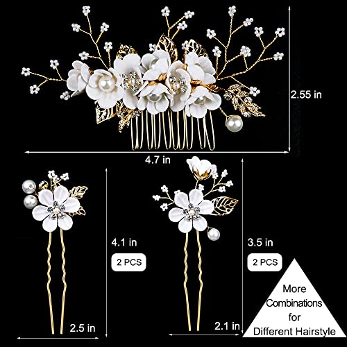 5 PCS Bridal Flower Wedding Hair Pins Crystal Pearl Hair Clips Headpiece Gold Wedding Hair Accessories Jewelry with Rhinestone for Brides Bridesmaids Women Girls Updo (Pure White Flower) - color: Flourish Flowers Series&Pure White Flower