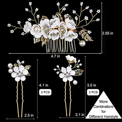 5 PCS Bridal Flower Wedding Hair Pins Crystal Pearl Hair Clips Headpiece Gold Wedding Hair Accessories Jewelry with Rhinestone for Brides Bridesmaids Women Girls Updo (Pure White Flower) - color: Flourish Flowers Series&Pure White Flower