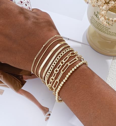 Gold Bracelets Set for Women Trendy, 14K Real Gold Plated Jewelry for Women Dainty Chain Bracelet Stack, Non Tarnish Gold Stackable Bracelets Pack Fashion Accessories Gifts - color: Style1-gold
