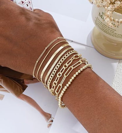 Gold Bracelets Set for Women Trendy, 14K Real Gold Plated Jewelry for Women Dainty Chain Bracelet Stack, Non Tarnish Gold Stackable Bracelets Pack Fashion Accessories Gifts - color: Style1-gold