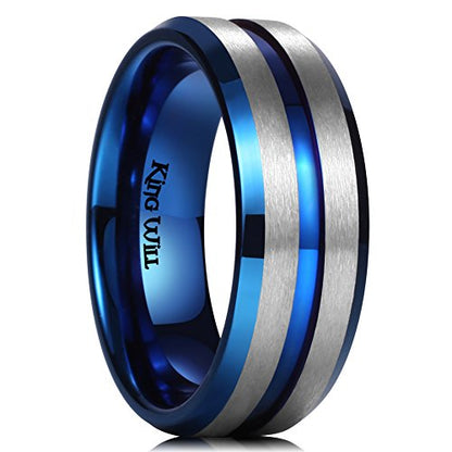 King Will Mens 8mm Cross Groove Tungsten Carbide Wedding Ring | Rose Gold, 8mm, Grooved, Comfort Fit, Cross design, Everyday Wear - color: B-Blue Sliver 8mm