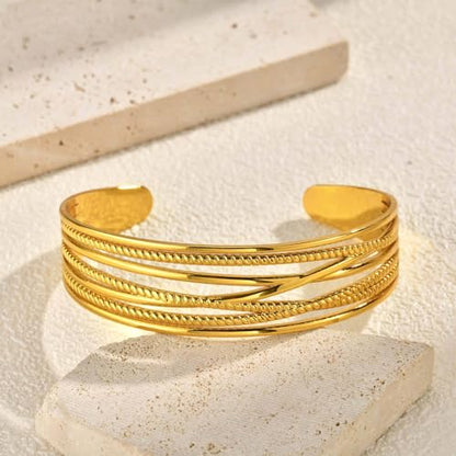 Stainless Steel Geometric Open Cuff Bracelet, Minimalist Gold Wire Bangle, 6.65cm Inner Diameter for Women