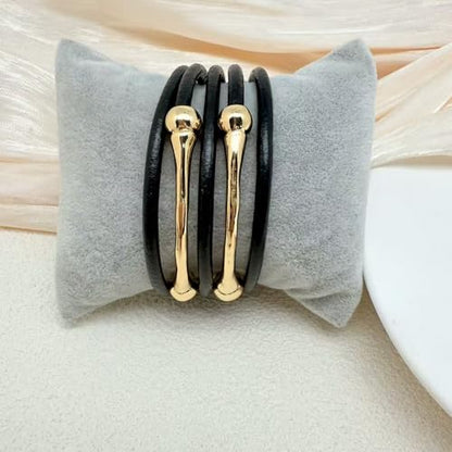 Bracelets for Women Leather Bracelet Multi-Layer Rope Wrap Bangle 14k Gold Plated Cirle Hollow Tube Boho Cuff Bangle Bracelets for Women Gift - style: Bone Tube-Balck Bangle