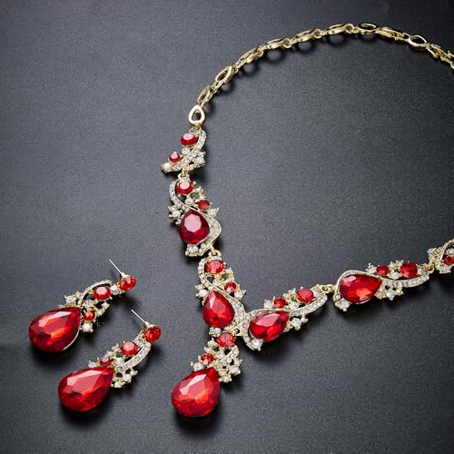 Women's Wedding Bridal Crystal Multi Teardrop Cluster Statement Necklace Dangle Earrings Set - color: Ruby Color Gold-Tone
