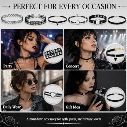 6 Styles Gothic Lace Choker Necklaces Set for Women, Black Lace Tattoo Chokers Necklace Punk Goth Jewelry, Adjustable 90s Vintage Emo Velvet Grunge Chokers Accessories Collection