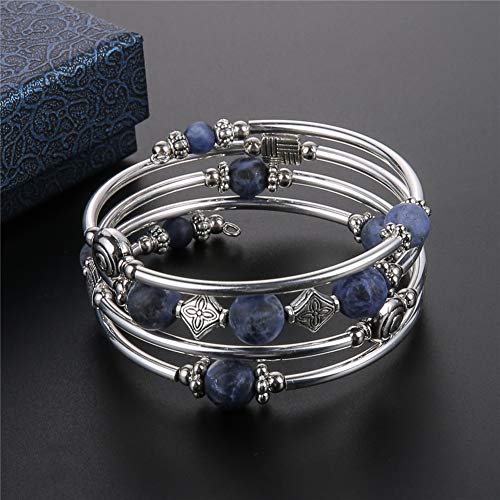 Beaded Pearl Bangle Wrap Bracelet - Fashion Bohemian Jewelry Multilayer Charm Bracelet with Thick Silver Metal Beads, Gift For Women - color: Navy Blue